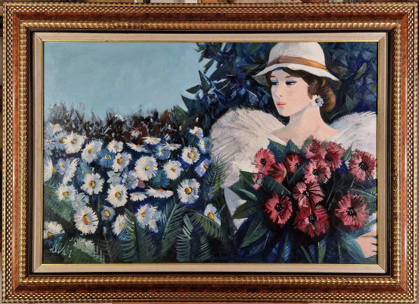 Charles LEVIER (1920-2003) Huile/toile d'origine, signée - Jardin, Fleurs, Femme, Personnage