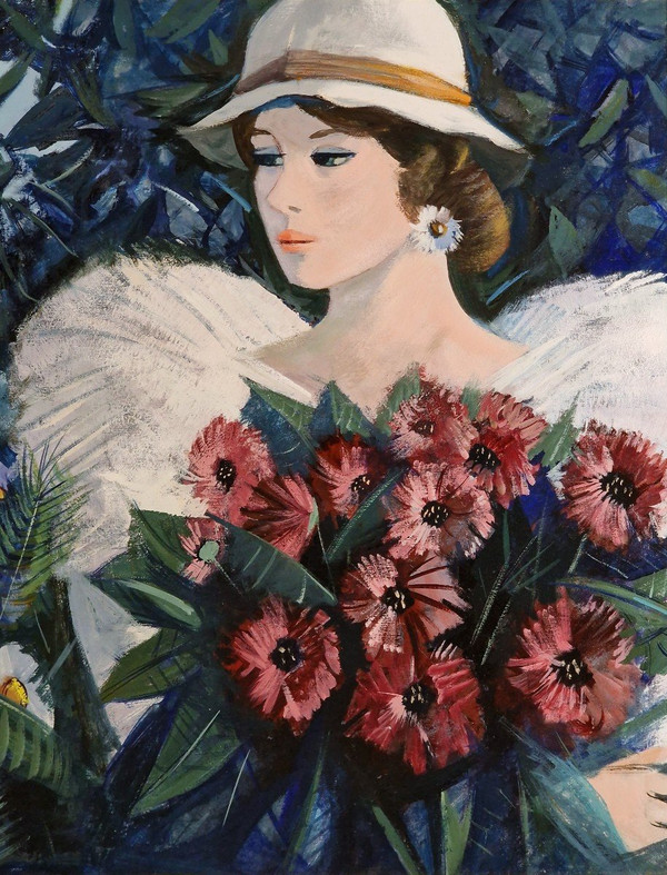 Charles LEVIER (1920-2003) Huile/toile d'origine, signée - Jardin, Fleurs, Femme, Personnage