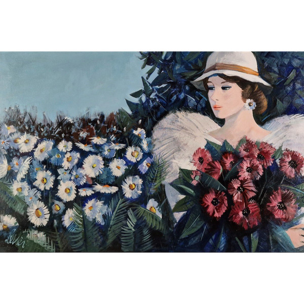Charles LEVIER (1920-2003) Huile/toile d'origine, signée - Jardin, Fleurs, Femme, Personnage