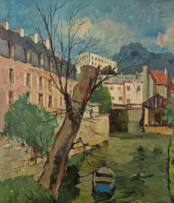 Maurice LEMAITRE (1929-2018) Olio/tela originale, firmato - Paesaggio, Barca, Fiume, Melun