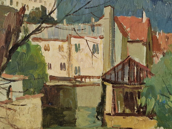 Maurice LEMAITRE (1929-2018) Olio/tela originale, firmato - Paesaggio, Barca, Fiume, Melun