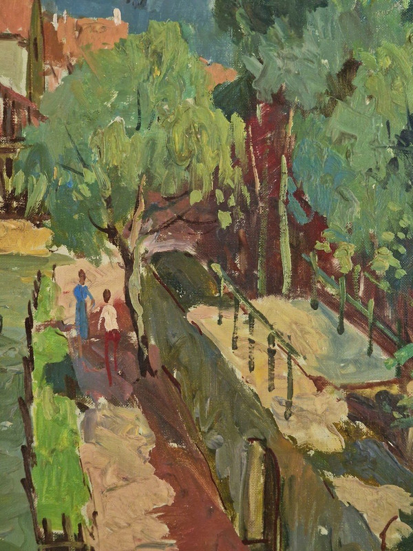 Maurice LEMAITRE (1929-2018) Olio/tela originale, firmato - Paesaggio, Barca, Fiume, Melun
