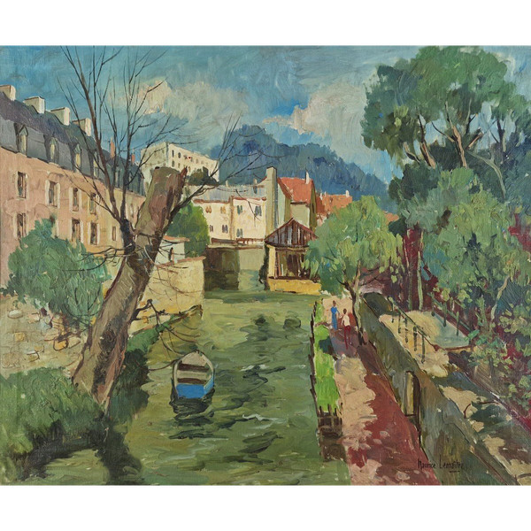 Maurice LEMAITRE (1929-2018) Olio/tela originale, firmato - Paesaggio, Barca, Fiume, Melun