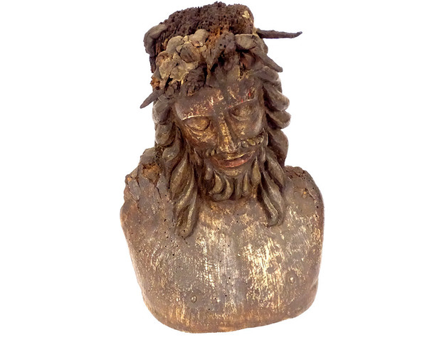 Statue Bust Christ Crown Thorns Wood Carved High Period 14th-15th century