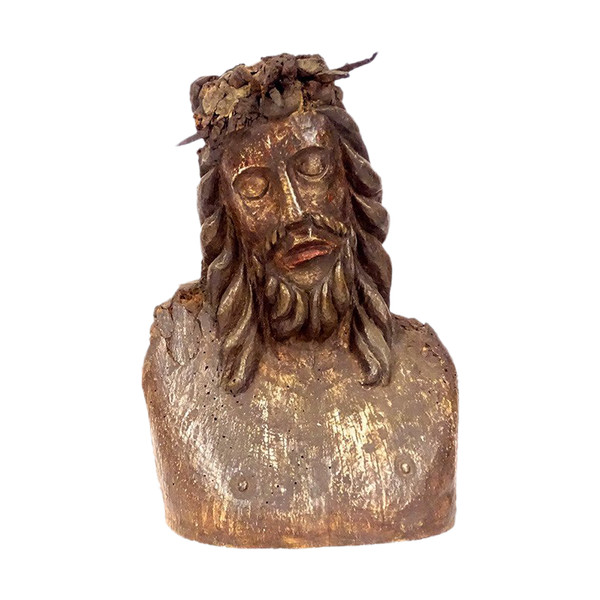 Statue Bust Christ Crown Thorns Wood Carved High Period 14th-15th century