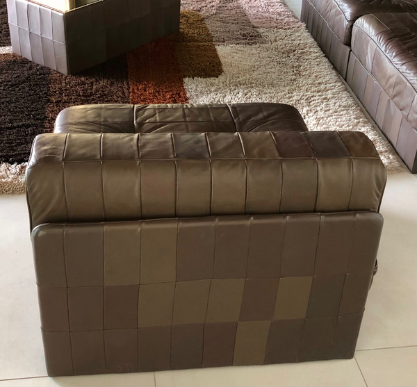 Divano a 3 posti De Sede in pelle patchwork color cioccolato, Svizzera anni '70