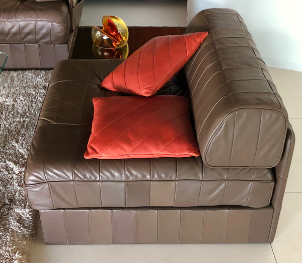 Divano a 3 posti De Sede in pelle patchwork color cioccolato, Svizzera anni '70