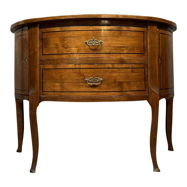 Halbmondkommode im Übergangsstil Louis XV / Louis XVI aus Mahagoni mit Intarsien aus Ebenholzfilets
