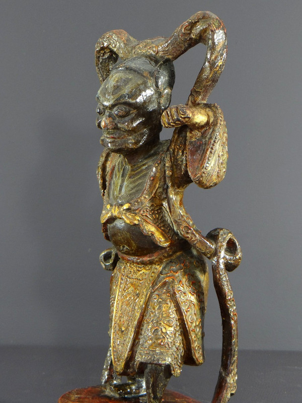 China, Early 20th Century or Earlier, Lacquered Wood Temple Guardian Statue.