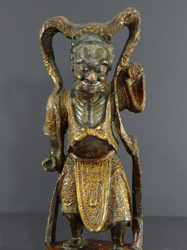 China, Early 20th Century or Earlier, Lacquered Wood Temple Guardian Statue.