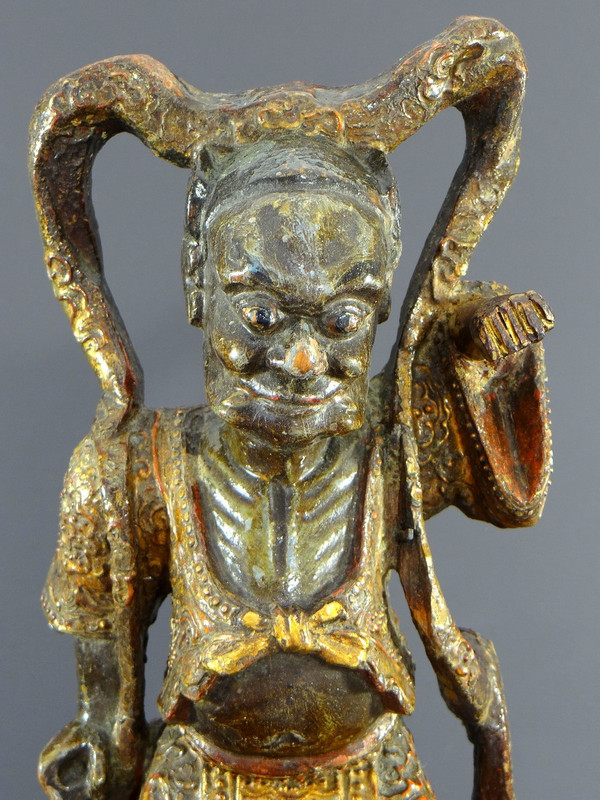 China, Early 20th Century or Earlier, Lacquered Wood Temple Guardian Statue.