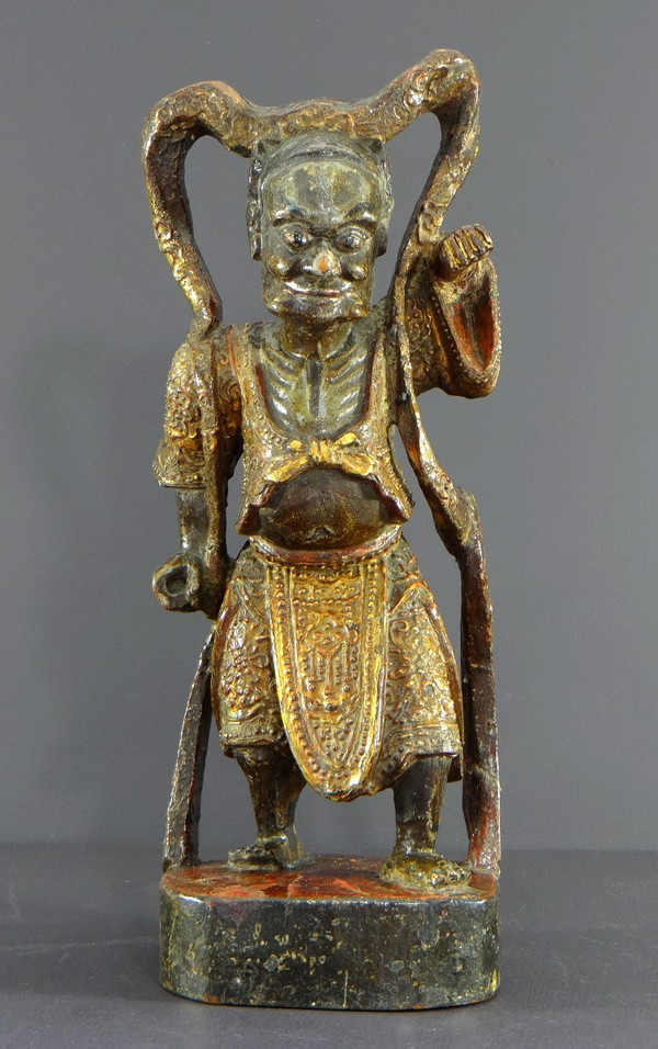 China, Early 20th Century or Earlier, Lacquered Wood Temple Guardian Statue.