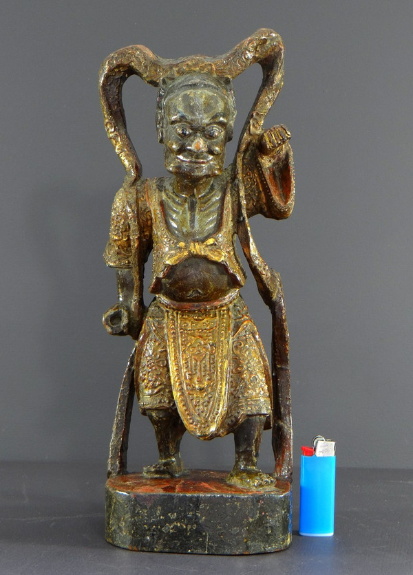 China, Early 20th Century or Earlier, Lacquered Wood Temple Guardian Statue.