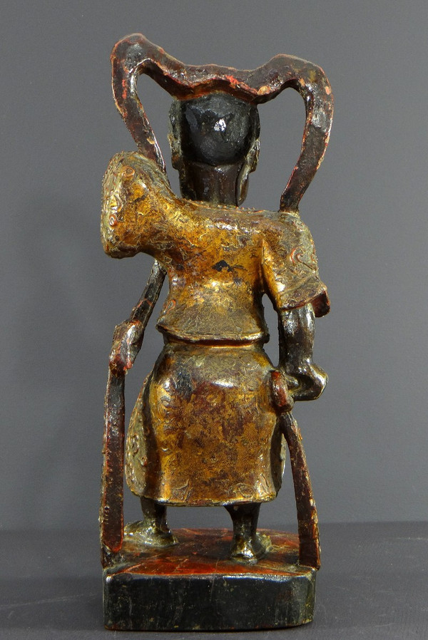 China, Early 20th Century or Earlier, Lacquered Wood Temple Guardian Statue.