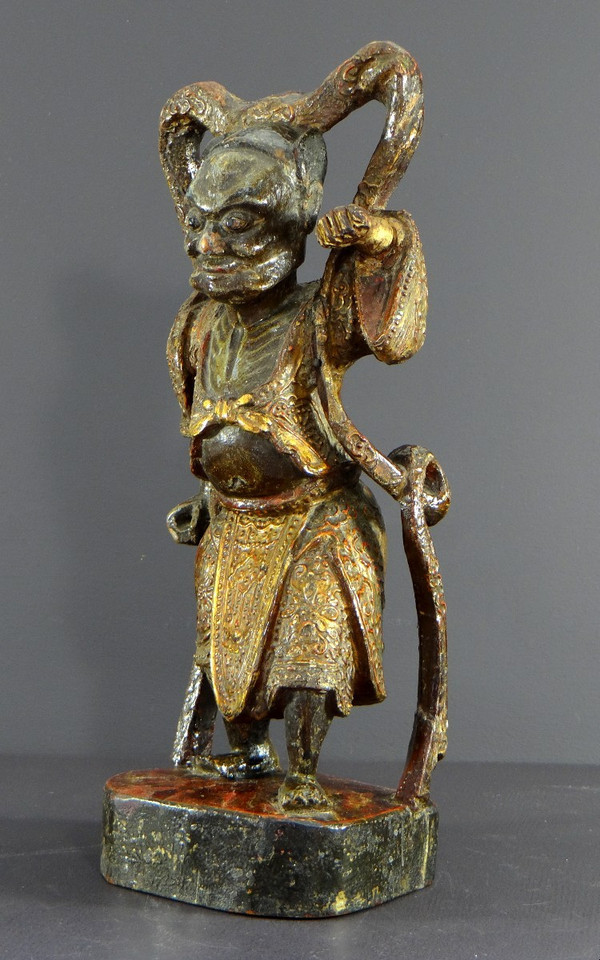 China, Early 20th Century or Earlier, Lacquered Wood Temple Guardian Statue.