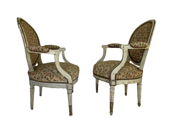 Pair of Louis XVI Period Armchairs in Cream Lacquered Natural Wood