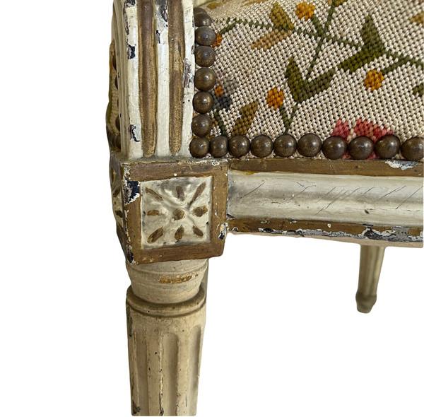Pair of Louis XVI Period Armchairs in Cream Lacquered Natural Wood