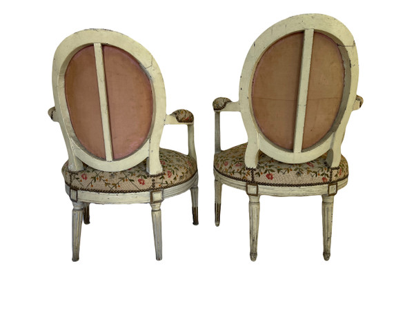 Pair of Louis XVI Period Armchairs in Cream Lacquered Natural Wood