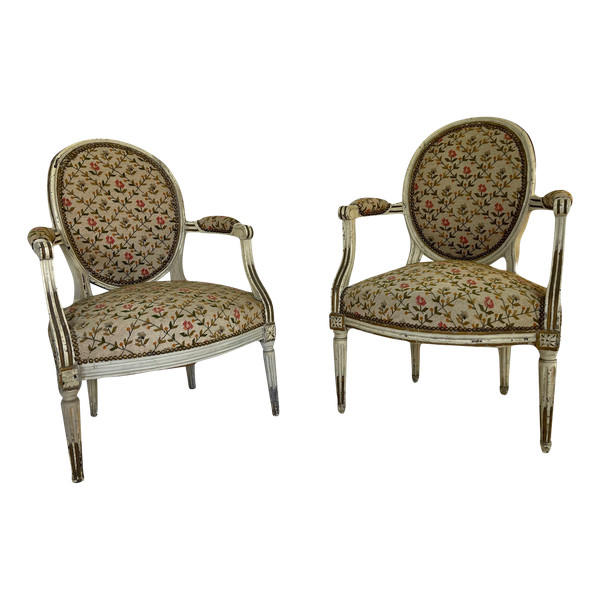 Pair of Louis XVI Period Armchairs in Cream Lacquered Natural Wood