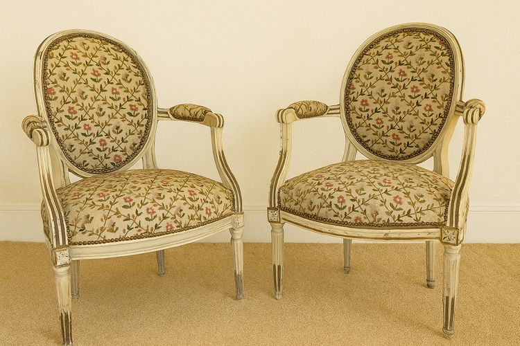 Pair of Louis XVI Period Armchairs in Cream Lacquered Natural Wood