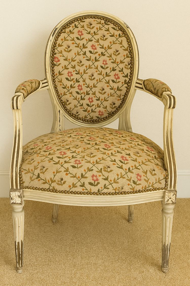 Pair of Louis XVI Period Armchairs in Cream Lacquered Natural Wood