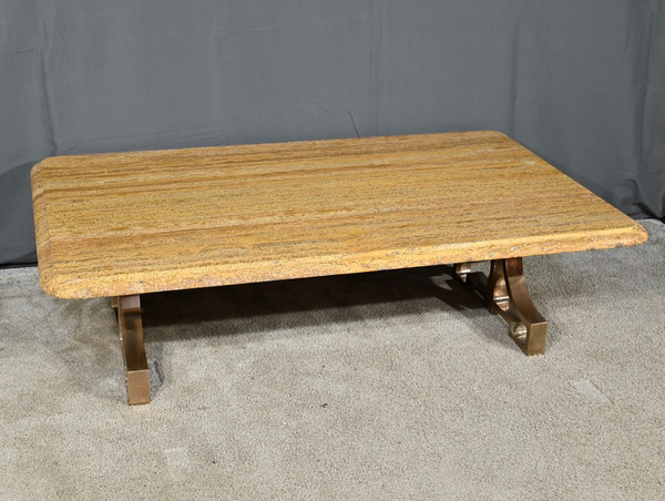 Table Basse en Laiton et Travertin, époque Art Déco – 1930