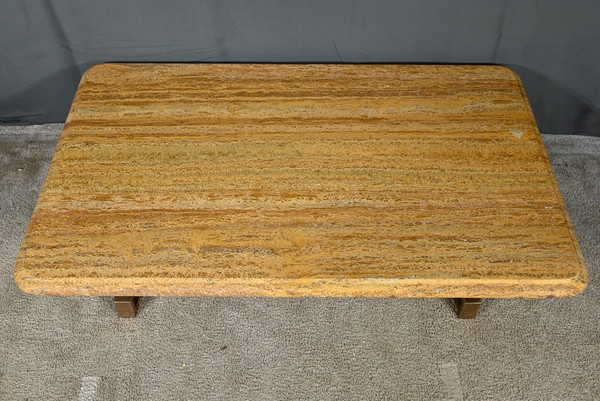 Table Basse en Laiton et Travertin, époque Art Déco – 1930