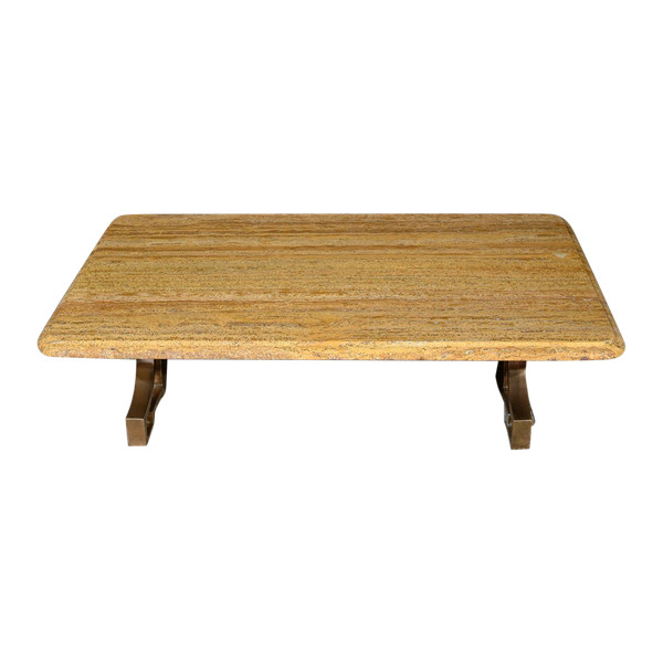 Table Basse en Laiton et Travertin, époque Art Déco – 1930