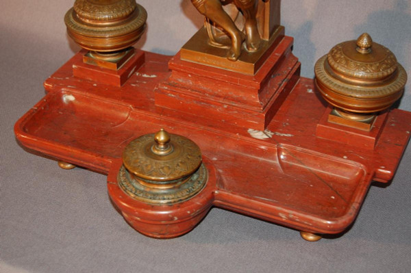 Important Inkwell, After Michelangelo Lorenzo De' Medici, In Bronze And Red Marble