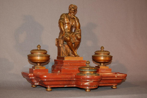 Important Inkwell, After Michelangelo Lorenzo De' Medici, In Bronze And Red Marble