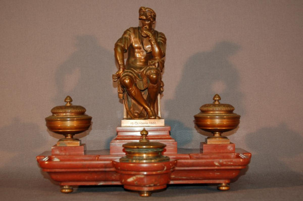 Important Inkwell, After Michelangelo Lorenzo De' Medici, In Bronze And Red Marble