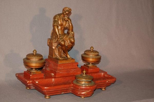 Important Inkwell, After Michelangelo Lorenzo De' Medici, In Bronze And Red Marble