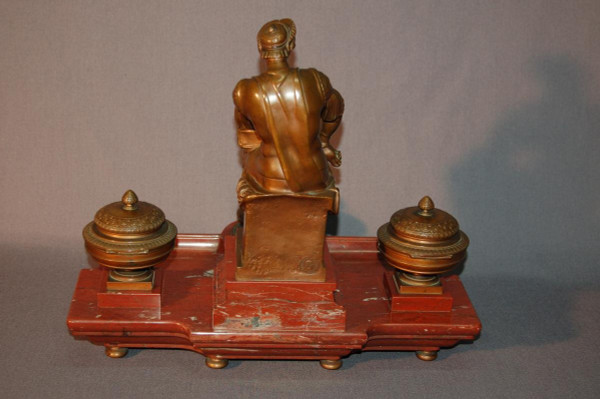 Important Inkwell, After Michelangelo Lorenzo De' Medici, In Bronze And Red Marble