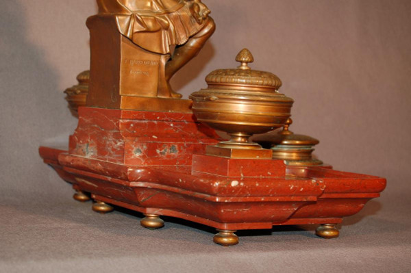 Important Inkwell, After Michelangelo Lorenzo De' Medici, In Bronze And Red Marble