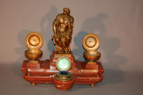 Important Inkwell, After Michelangelo Lorenzo De' Medici, In Bronze And Red Marble