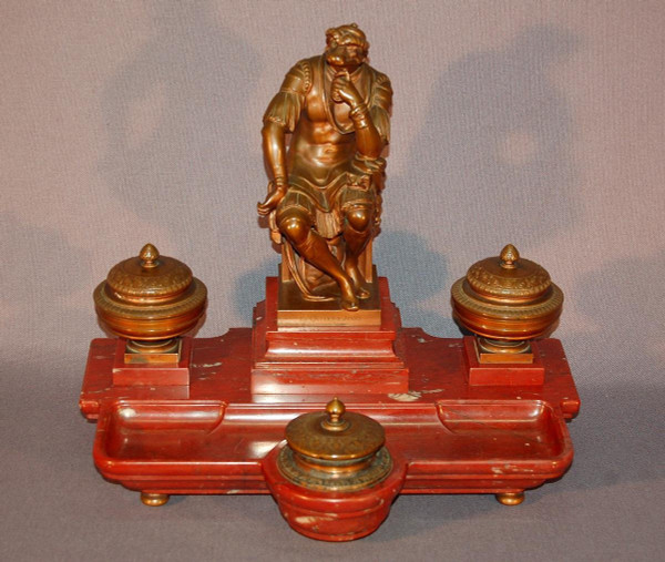 Important Inkwell, After Michelangelo Lorenzo De' Medici, In Bronze And Red Marble