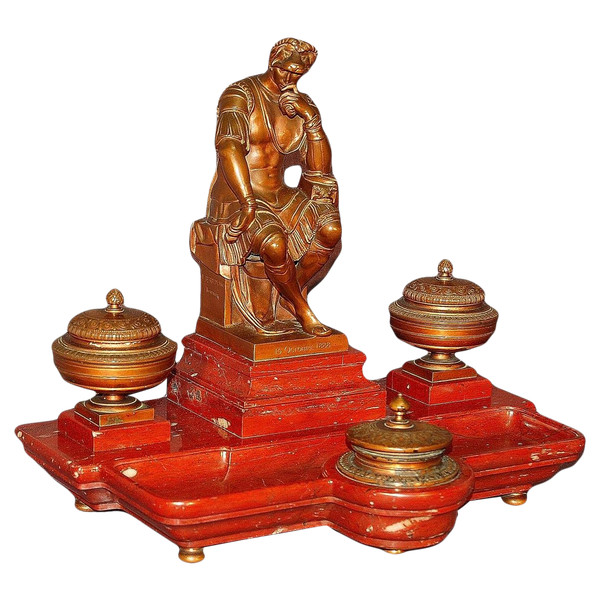 Important Inkwell, After Michelangelo Lorenzo De' Medici, In Bronze And Red Marble