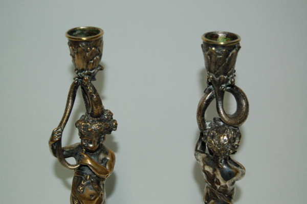 Pair De Flambeaux En Bronze Argenté Dlg de Corneille Van Clève