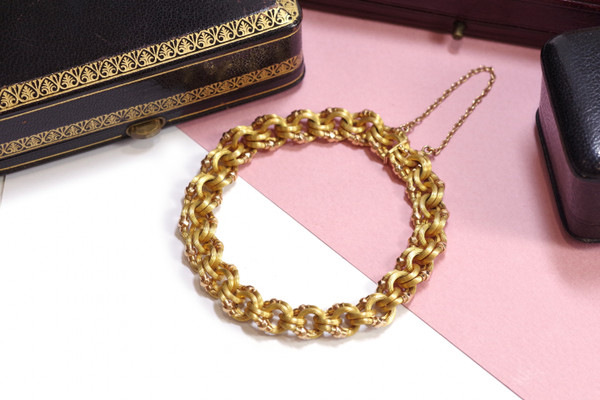 Bracciale delle Antiche Indie Occidentali in oro 18 carati, bracciale del 1880, bracciale intrecciato, gioielli delle Indie Occidentali