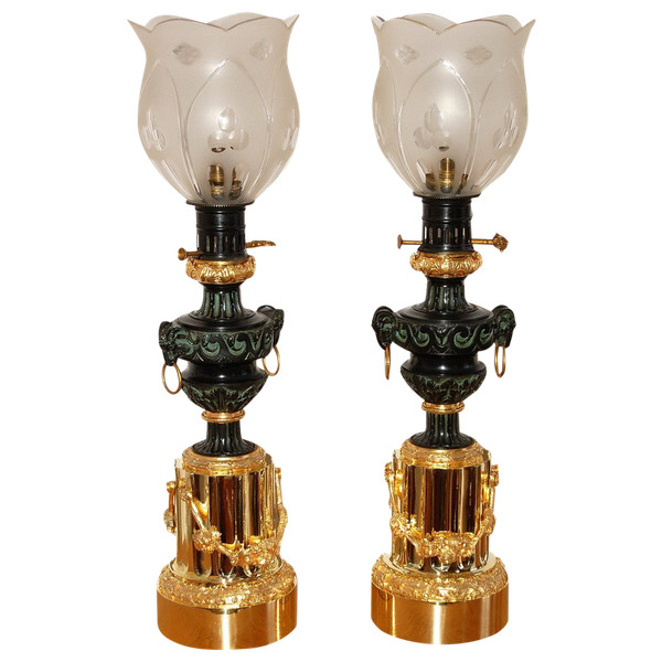 Important Pair Of Gilded Bronze Mercury Lamps 19th Century