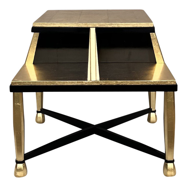 Important Art Deco Pedestal Table In Golden Wood And Black Lacquer