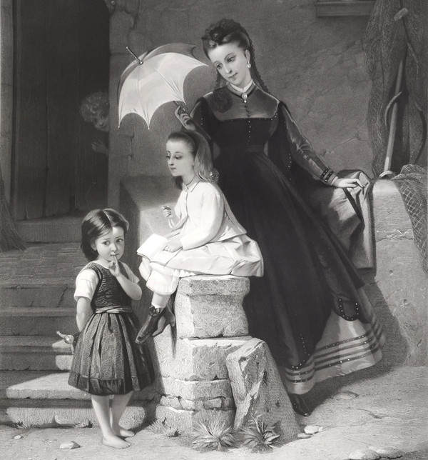 Etching Woman And Children Engraving After Brochart 19th C Old Print
