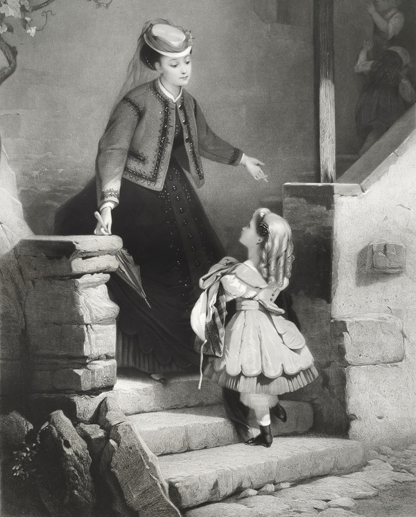 Etching Woman And The Little Girl 19th C Engraving After Brochart Old Print
