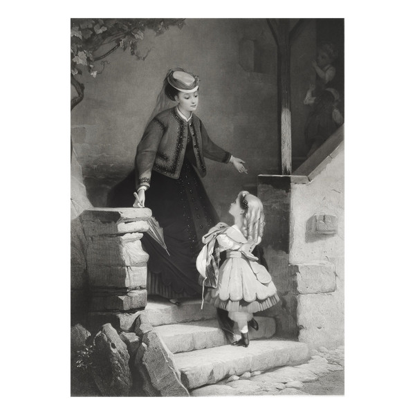 Etching Woman And The Little Girl 19th C Engraving After Brochart Old Print