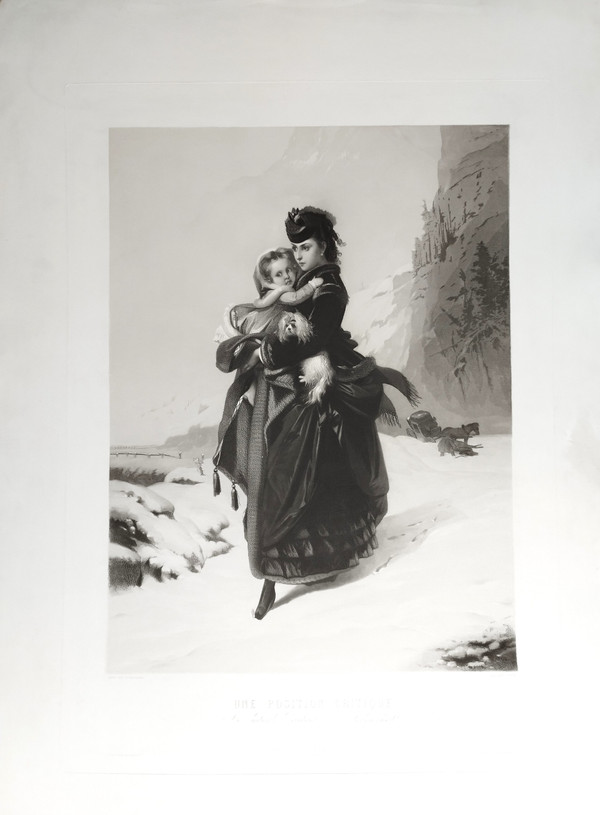 Mountain Snow Woman Child Dog Engraving After Brochart 19th C Old Print