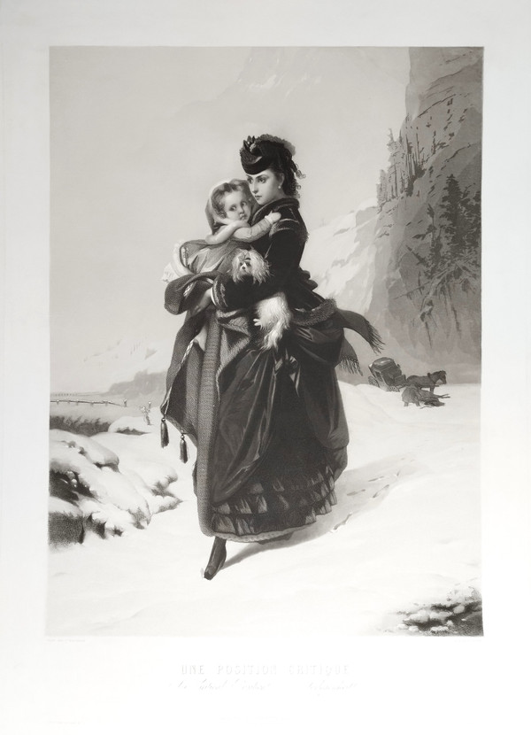 Mountain Snow Woman Child Dog Engraving After Brochart 19th C Old Print