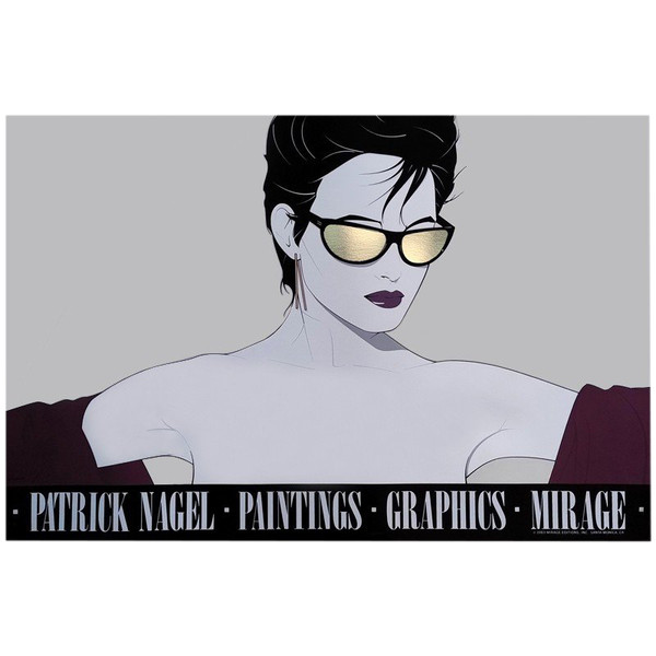 Affiche d'art originale magnifique de Patrick Nagel « Lunettes de soleil à feuille d'argent » des années 1980.
