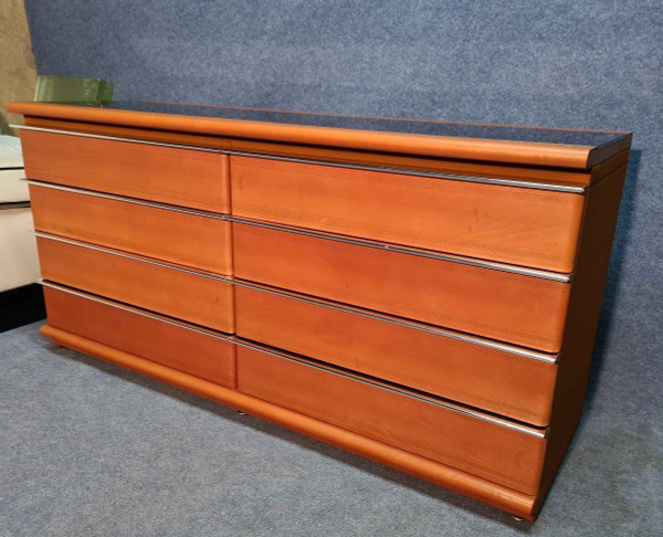 Commode Gainée De Cuir à Plateau En Opaline 70's