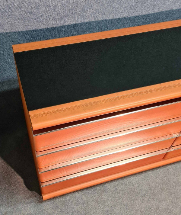 Commode Gainée De Cuir à Plateau En Opaline 70's