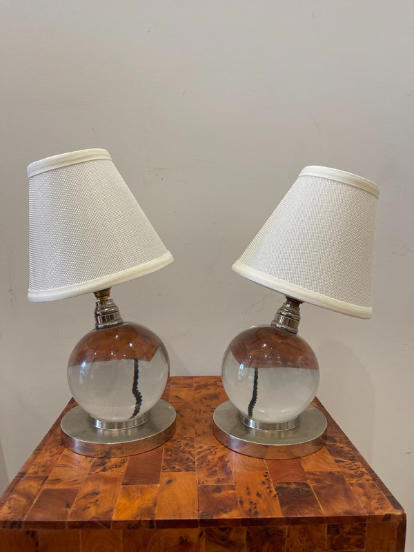  Coppia di lampade a sfera in cristallo, Jacques ADNET (1900-1984) per BACCARAT